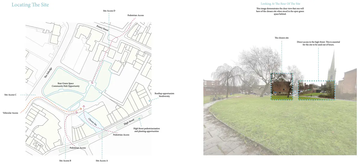 Explore The History Of Site Voids - This will provide an opportunity to reimplement these to allow vertical green corridors to occur.

Explore Vacant Buildings - To avoid damaging an already deteriorating high street, I aim only to take over vacant plots.

Investigate the opportunity for Miyawaki planting - understand the conditions required to grow a sustainable material source on-site, including ground, water, and space conditions.

It takes over a building that leads directly to an open space where a community hub is the centre of the thesis, offering education, community engagement and material celebration. - Ryan Cooksey Material Celebration Hub 11.png